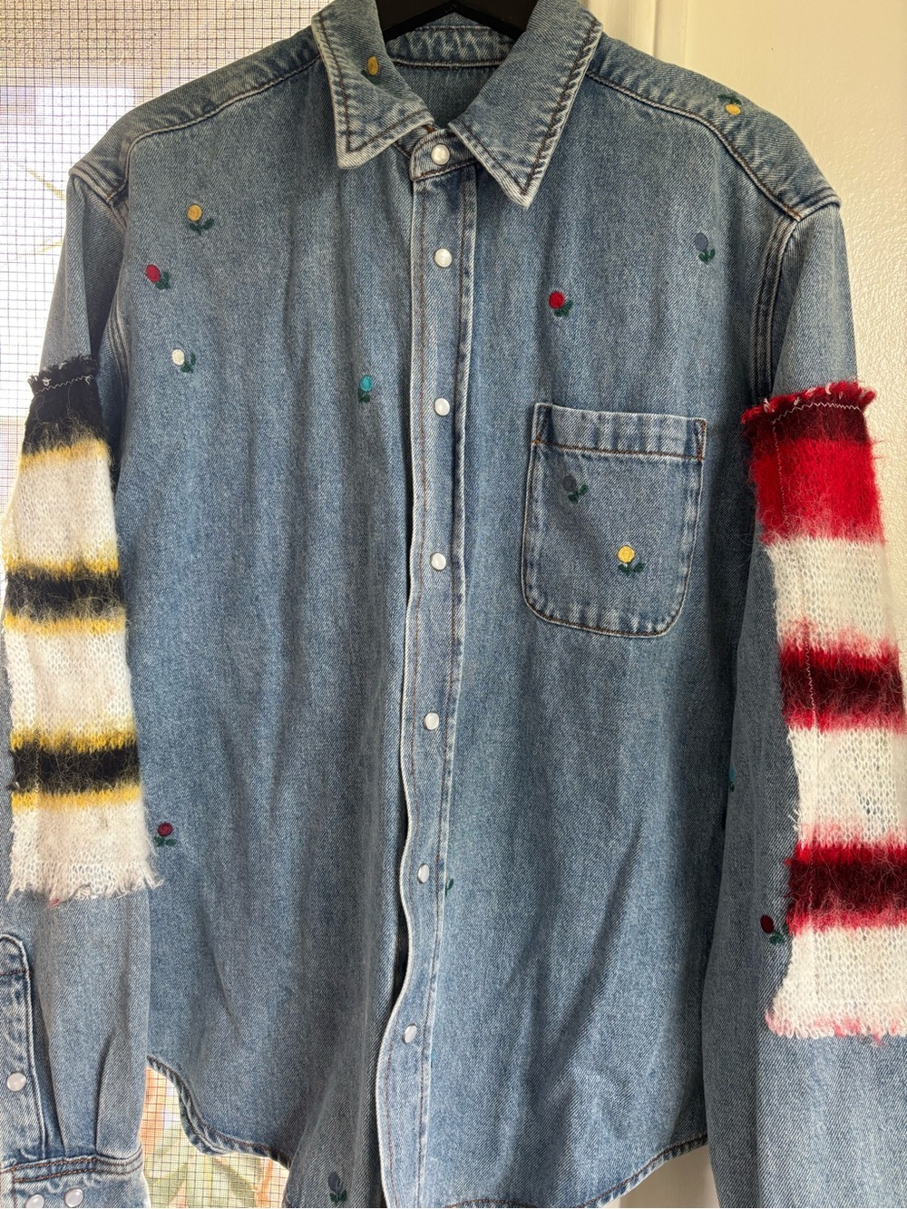 Marni Embroidered Denim and Mohair Patch Button Up Shirt Lg